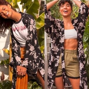 Spiritual Gangster Maya Kimono Robe in Black and Pink Monochrome Floral Print